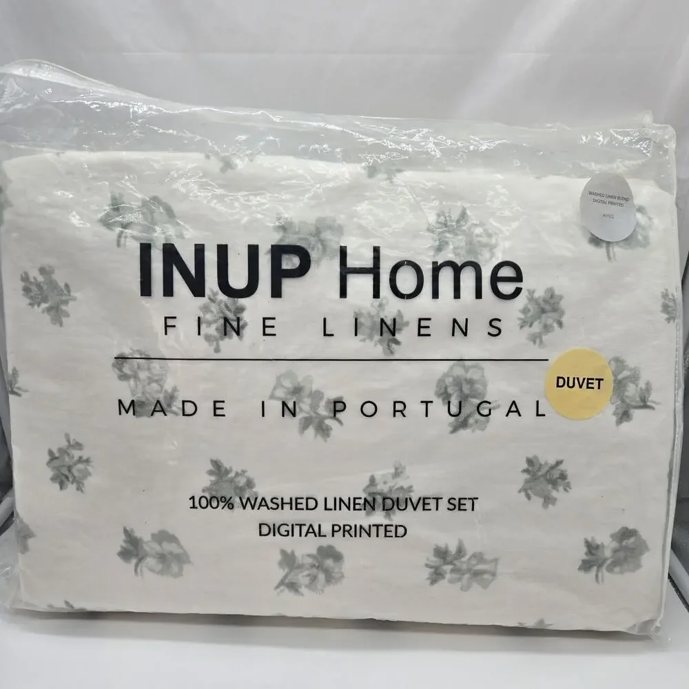 3-pc INUP HOME Floral Digital Printed KING 100% Washed Linen Duvet Cover Set NEW